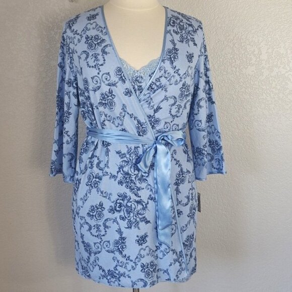Adonna  XL Chemise & Robe Set Blue Floral Lace Trim - Picture 1 of 8